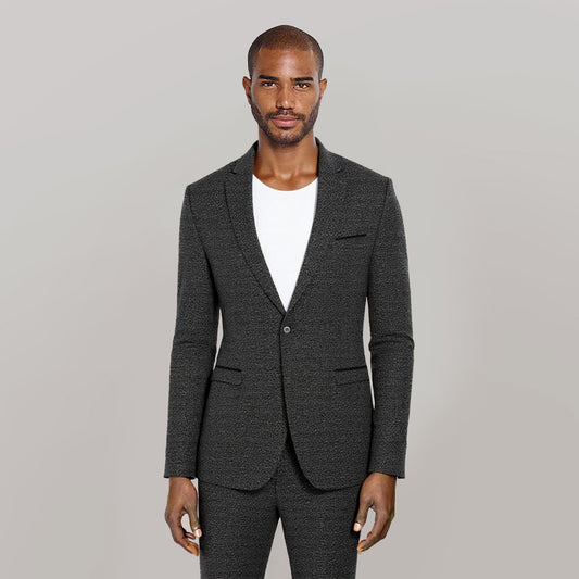Black # Men's notch lapel single-breasted blazer, classic black sport coat with one-button closure and flat collar design, premium polyester viscose blend jacket for business, office, wedding and party wear, isolated on white background.