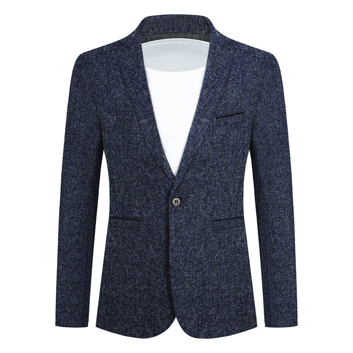 Blue # Men's notch lapel single-breasted blazer, classic solid blue sport coat jacket with flat collar and environmental protection buttons, premium polyester viscose blend fabric for business, office, wedding and daily wear, isolated on white background.