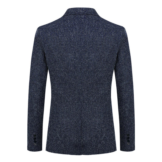 Blue # Men's notch lapel single-breasted blazer, classic solid blue sport coat jacket with flat collar and environmental protection buttons, premium polyester viscose blend fabric for business, office, wedding and daily wear, isolated on white background.