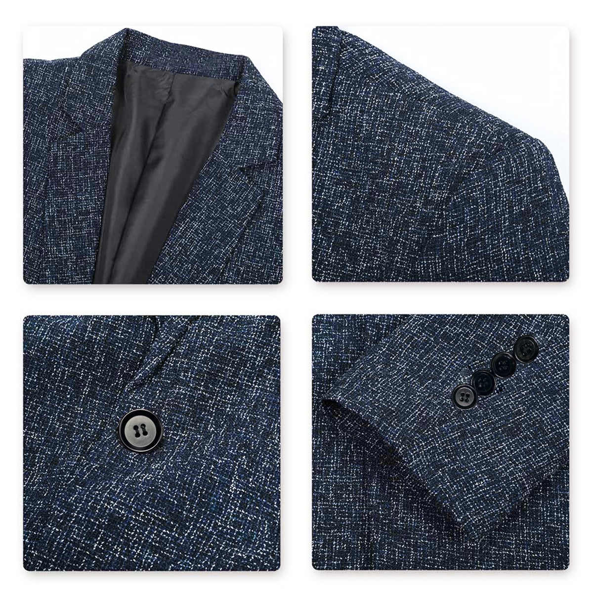 Blue # Men's notch lapel single-breasted blazer, classic solid blue sport coat jacket with flat collar and environmental protection buttons, premium polyester viscose blend fabric for business, office, wedding and daily wear, isolated on white background.