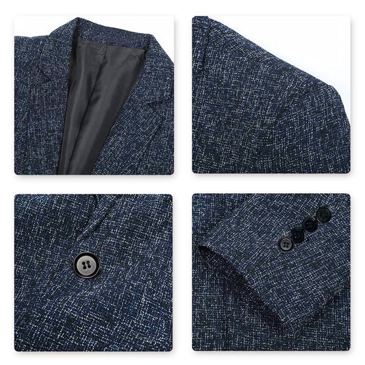Blue # Men's notch lapel single-breasted blazer, classic solid blue sport coat jacket with flat collar and environmental protection buttons, premium polyester viscose blend fabric for business, office, wedding and daily wear, isolated on white background.