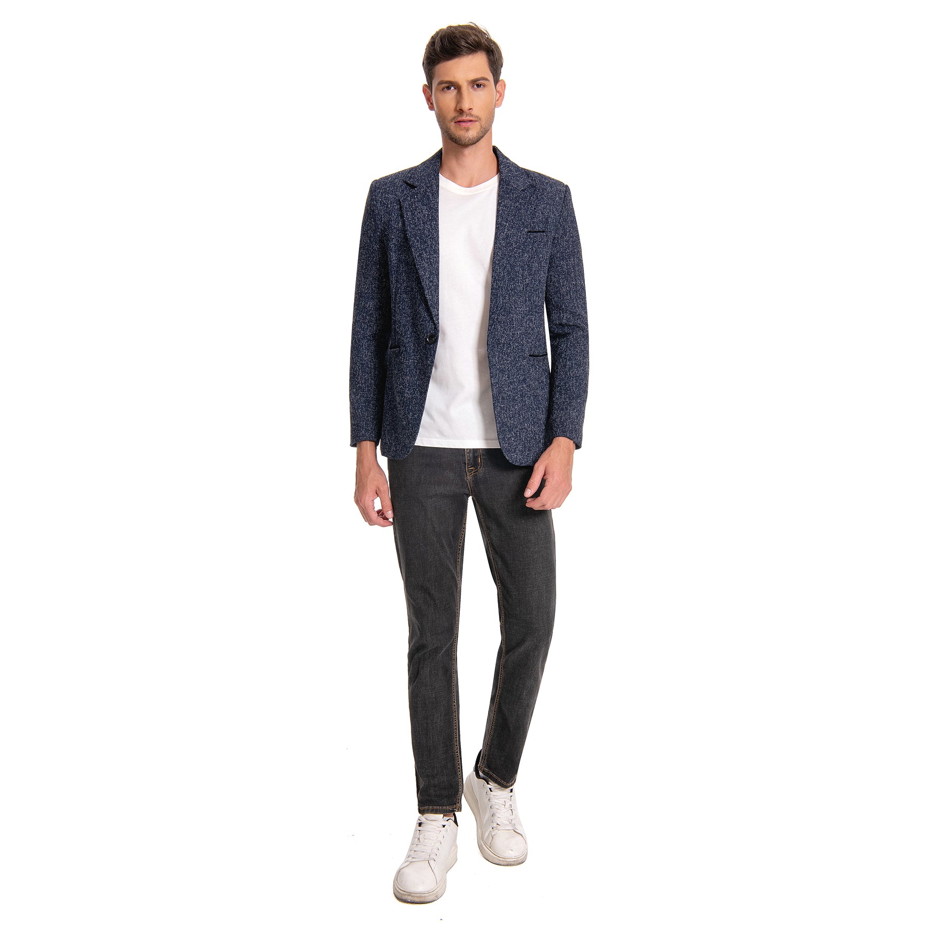 Blue # Men's notch lapel single-breasted blazer, classic solid blue sport coat jacket with flat collar and environmental protection buttons, premium polyester viscose blend fabric for business, office, wedding and daily wear, isolated on white background.