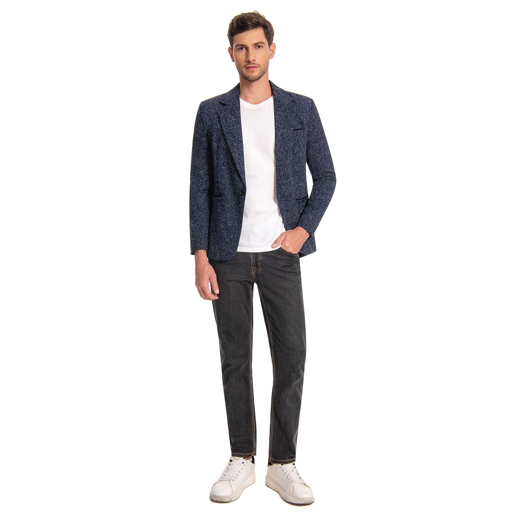 Blue # Men's notch lapel single-breasted blazer, classic solid blue sport coat jacket with flat collar and environmental protection buttons, premium polyester viscose blend fabric for business, office, wedding and daily wear, isolated on white background.