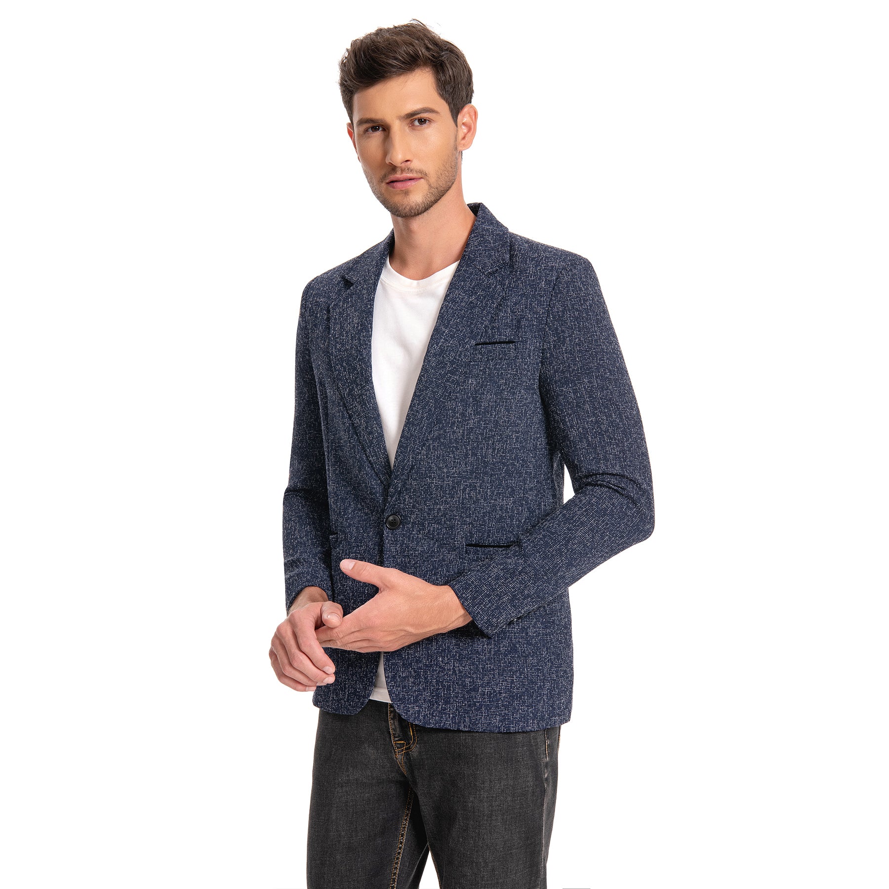 Blue # Men's notch lapel single-breasted blazer, classic solid blue sport coat jacket with flat collar and environmental protection buttons, premium polyester viscose blend fabric for business, office, wedding and daily wear, isolated on white background.