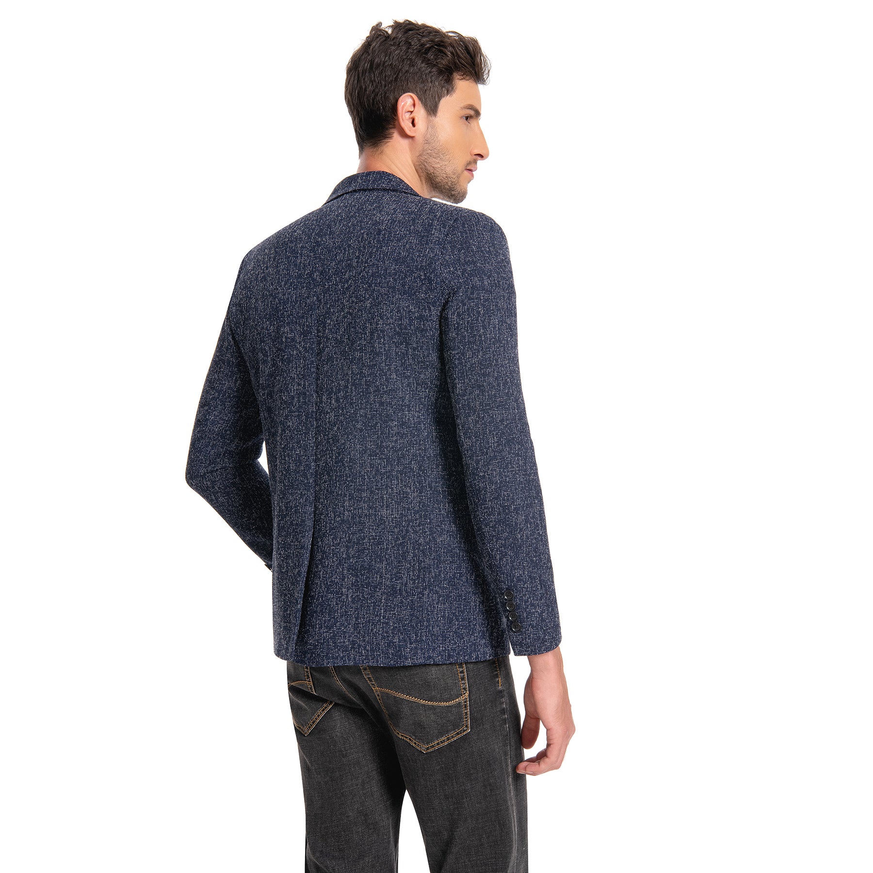 Blue # Men's notch lapel single-breasted blazer, classic solid blue sport coat jacket with flat collar and environmental protection buttons, premium polyester viscose blend fabric for business, office, wedding and daily wear, isolated on white background.