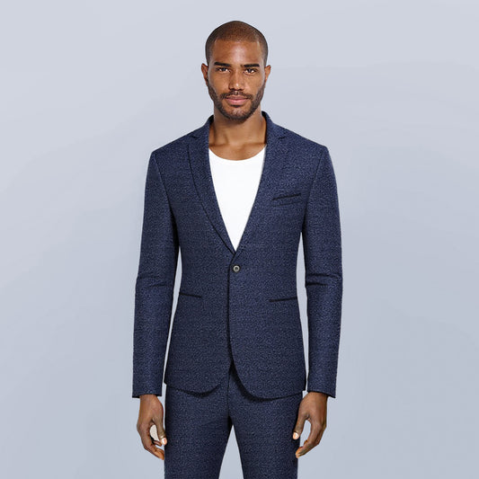 Blue # Men's notch lapel single-breasted blazer, classic solid blue sport coat jacket with flat collar and environmental protection buttons, premium polyester viscose blend fabric for business, office, wedding and daily wear, isolated on white background.