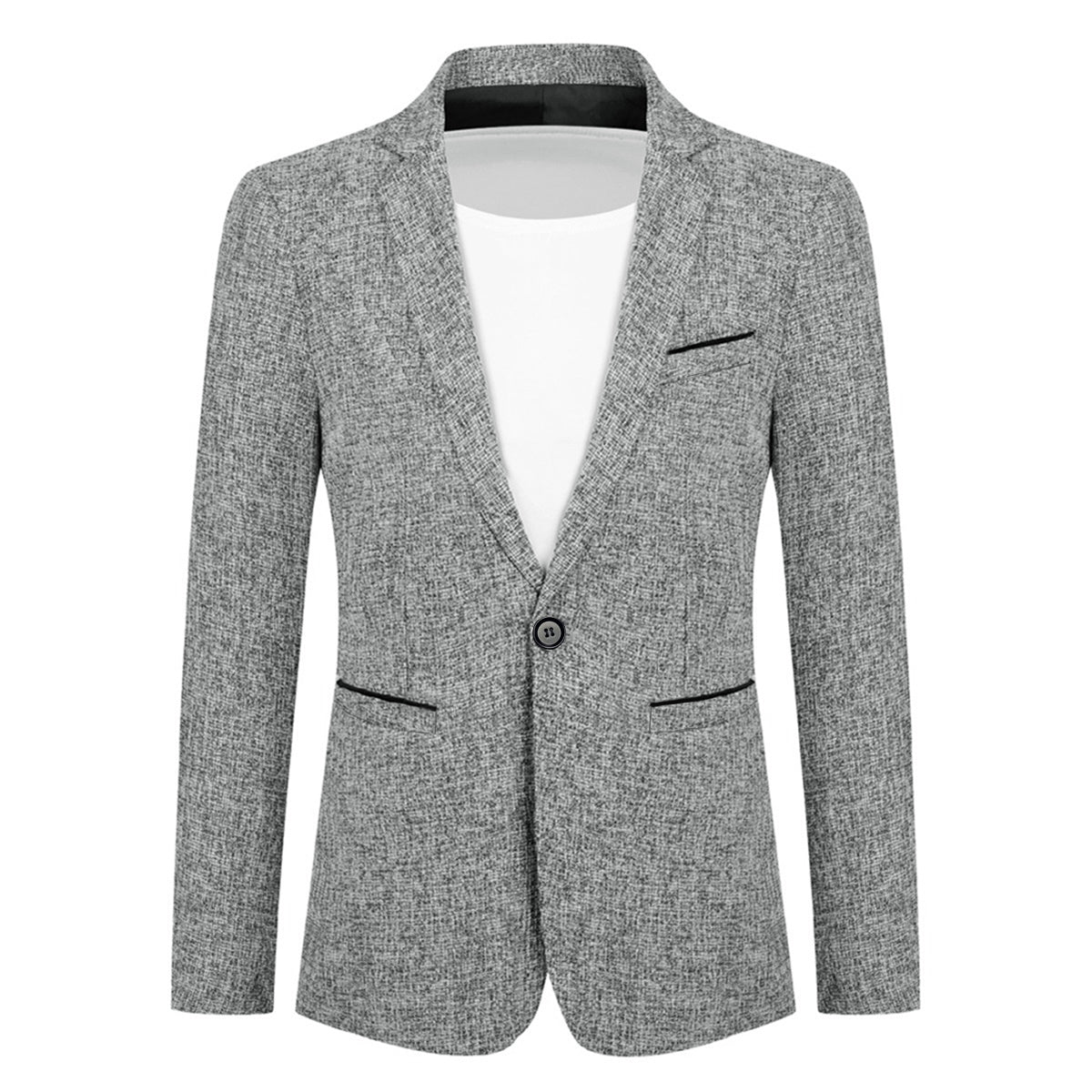 Grey # Men's notch lapel single-breasted blazer, classic flat collar solid grey sport coat jacket with premium polyester viscose blend fabric and eco-friendly buttons for business, office, wedding and daily wear, isolated on white background.
