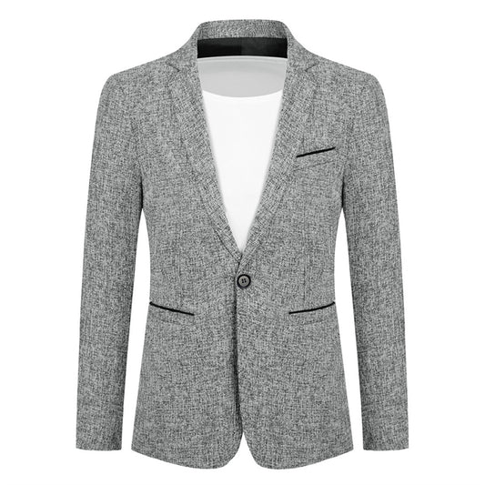 Grey # Men's notch lapel single-breasted blazer, classic flat collar solid grey sport coat jacket with premium polyester viscose blend fabric and eco-friendly buttons for business, office, wedding and daily wear, isolated on white background.