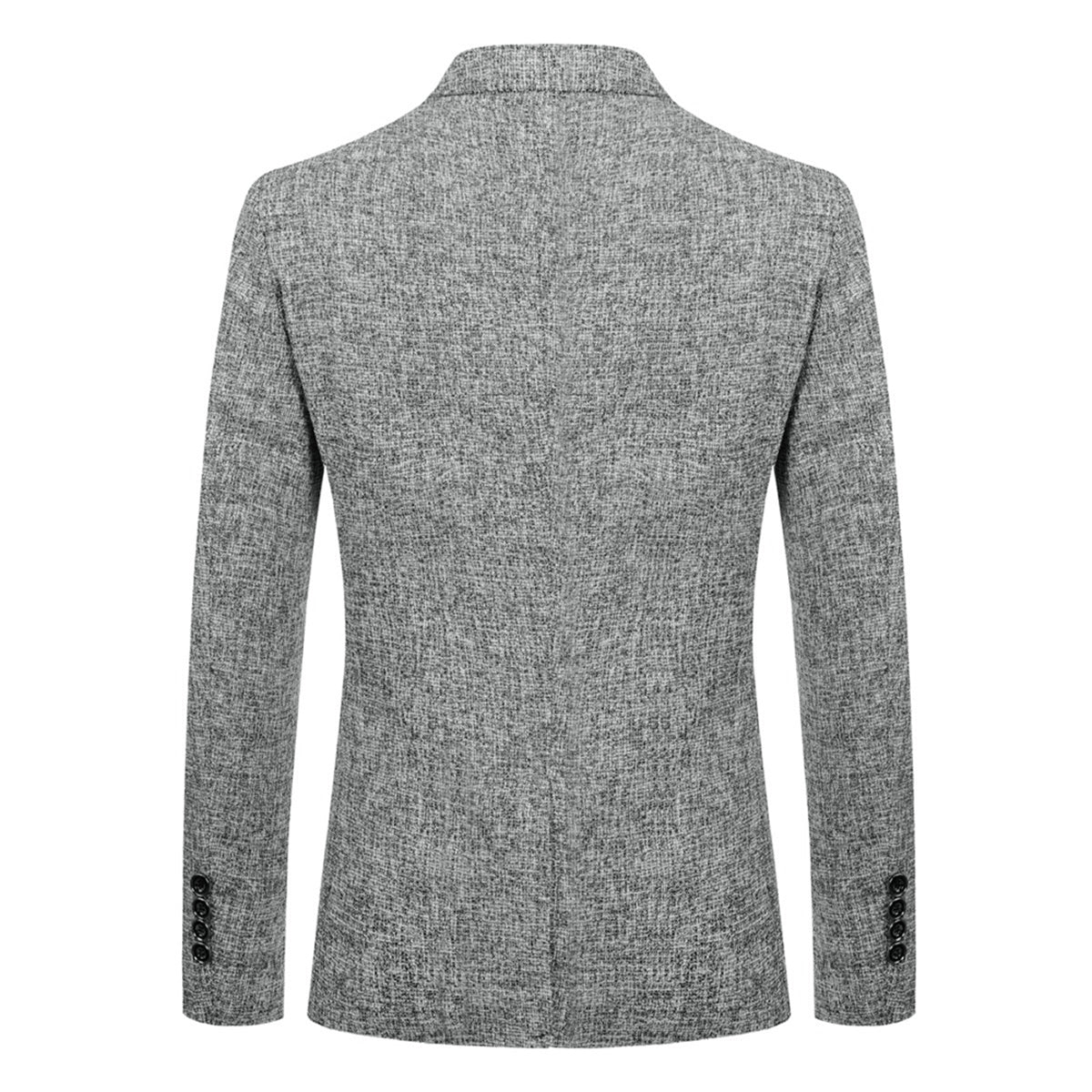 Grey # Men's notch lapel single-breasted blazer, classic flat collar solid grey sport coat jacket with premium polyester viscose blend fabric and eco-friendly buttons for business, office, wedding and daily wear, isolated on white background.