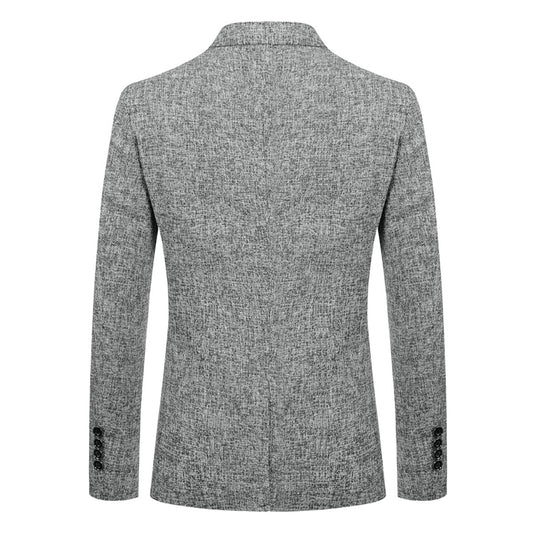 Grey # Men's notch lapel single-breasted blazer, classic flat collar solid grey sport coat jacket with premium polyester viscose blend fabric and eco-friendly buttons for business, office, wedding and daily wear, isolated on white background.