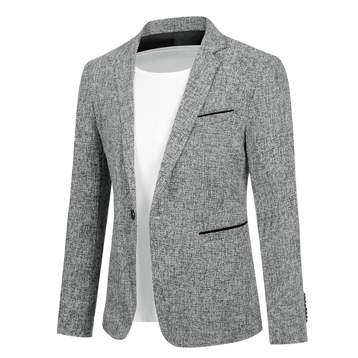 Grey # Men's notch lapel single-breasted blazer, classic flat collar solid grey sport coat jacket with premium polyester viscose blend fabric and eco-friendly buttons for business, office, wedding and daily wear, isolated on white background.