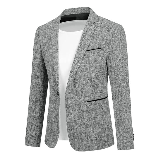 Grey # Men's notch lapel single-breasted blazer, classic flat collar solid grey sport coat jacket with premium polyester viscose blend fabric and eco-friendly buttons for business, office, wedding and daily wear, isolated on white background.
