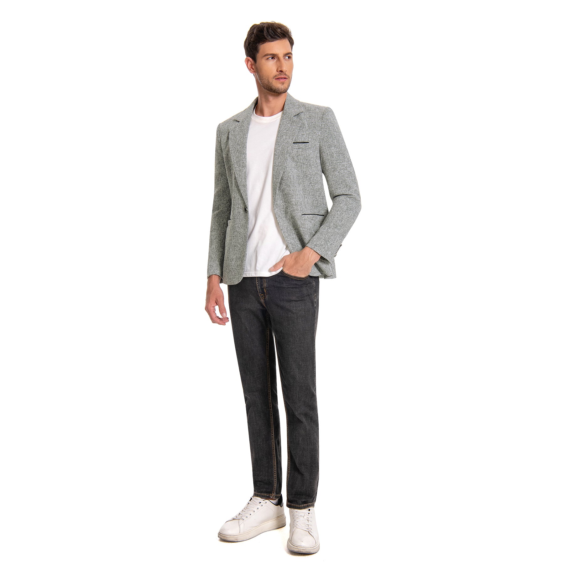 Grey # Men's notch lapel single-breasted blazer, classic flat collar solid grey sport coat jacket with premium polyester viscose blend fabric and eco-friendly buttons for business, office, wedding and daily wear, isolated on white background.