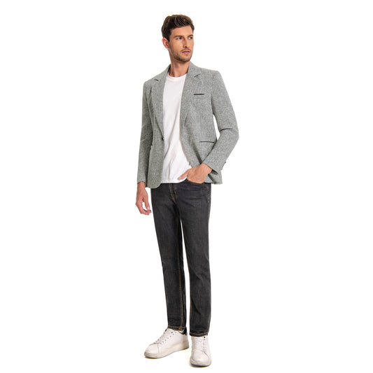 Grey # Men's notch lapel single-breasted blazer, classic flat collar solid grey sport coat jacket with premium polyester viscose blend fabric and eco-friendly buttons for business, office, wedding and daily wear, isolated on white background.