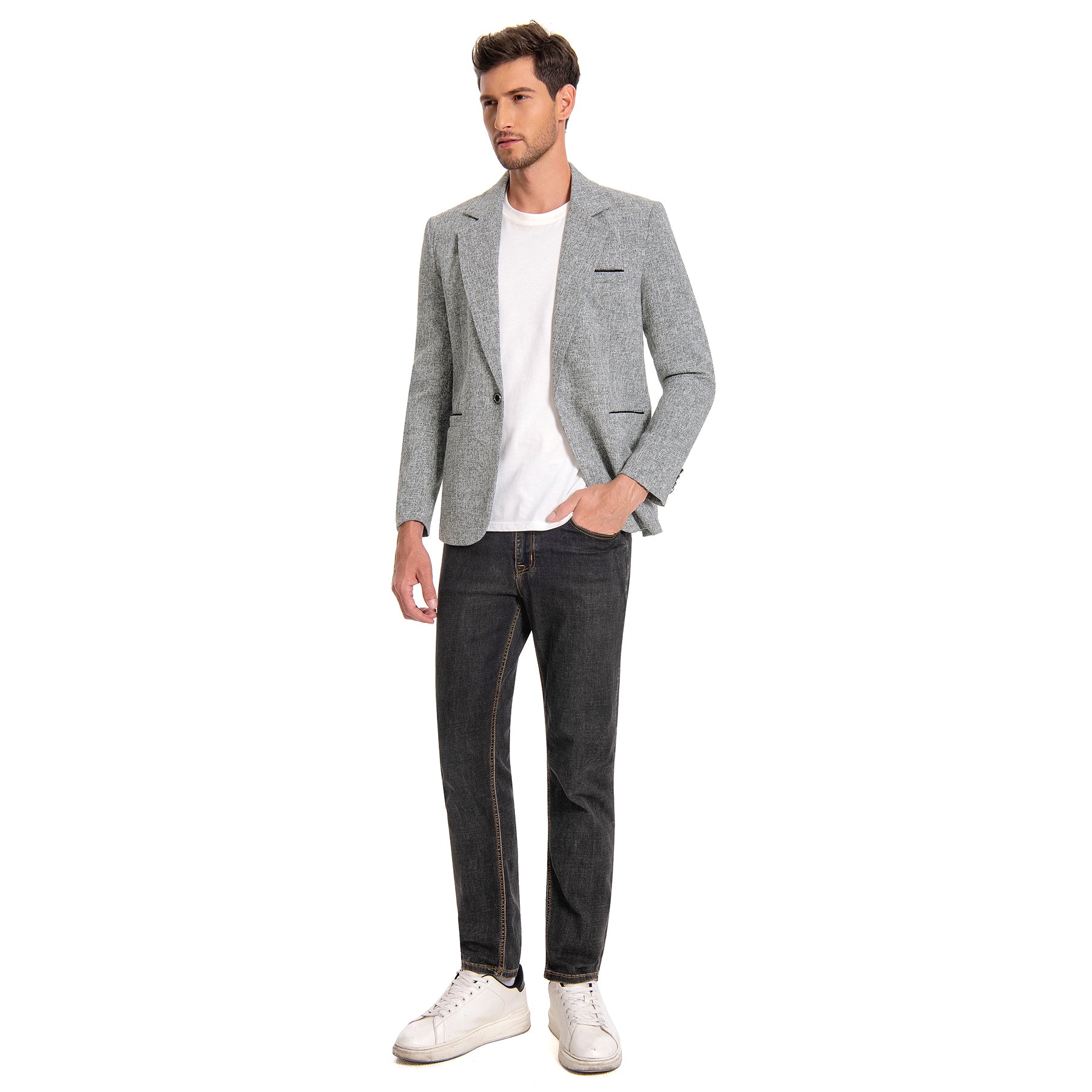 Grey # Men's notch lapel single-breasted blazer, classic flat collar solid grey sport coat jacket with premium polyester viscose blend fabric and eco-friendly buttons for business, office, wedding and daily wear, isolated on white background.