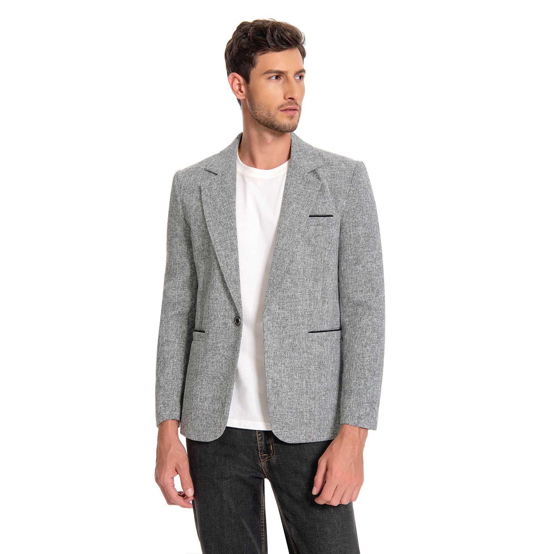 Grey # Men's notch lapel single-breasted blazer, classic flat collar solid grey sport coat jacket with premium polyester viscose blend fabric and eco-friendly buttons for business, office, wedding and daily wear, isolated on white background.