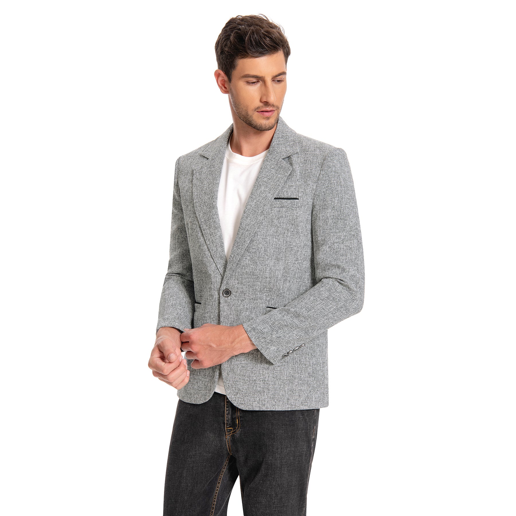 Grey # Men's notch lapel single-breasted blazer, classic flat collar solid grey sport coat jacket with premium polyester viscose blend fabric and eco-friendly buttons for business, office, wedding and daily wear, isolated on white background.