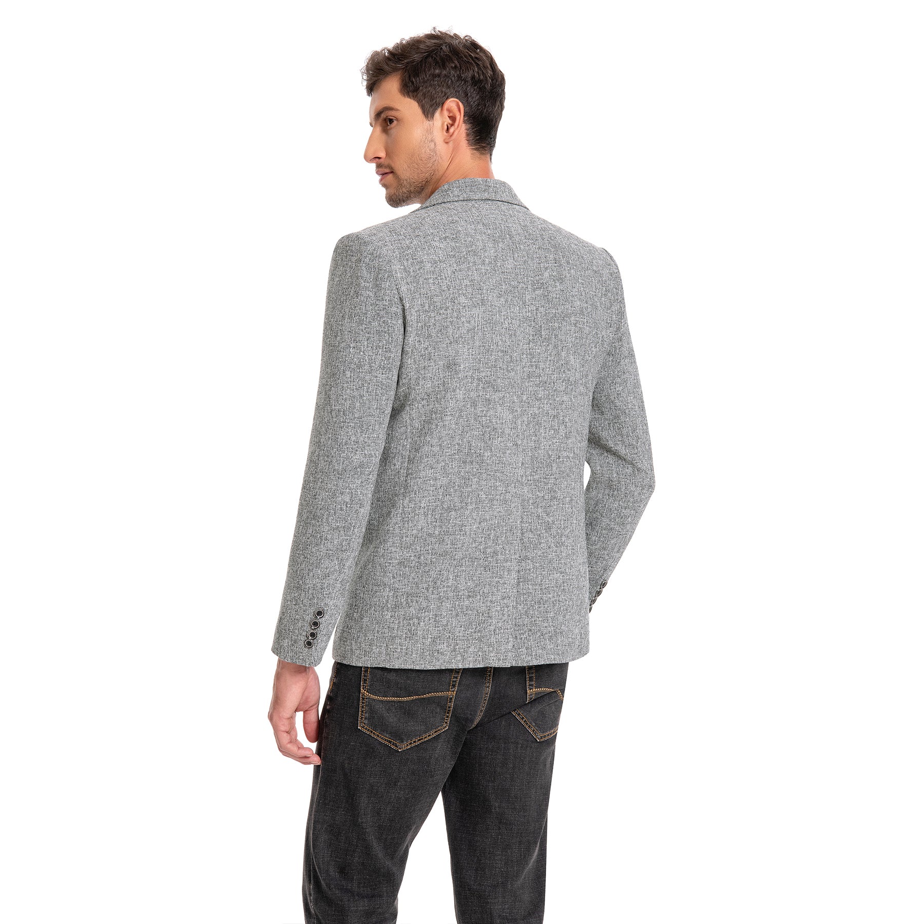 Grey # Men's notch lapel single-breasted blazer, classic flat collar solid grey sport coat jacket with premium polyester viscose blend fabric and eco-friendly buttons for business, office, wedding and daily wear, isolated on white background.