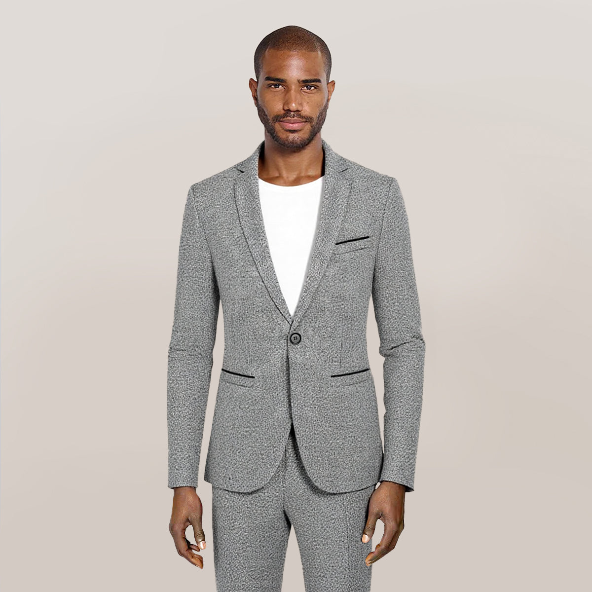 Grey # Men's notch lapel single-breasted blazer, classic flat collar solid grey sport coat jacket with premium polyester viscose blend fabric and eco-friendly buttons for business, office, wedding and daily wear, isolated on white background.