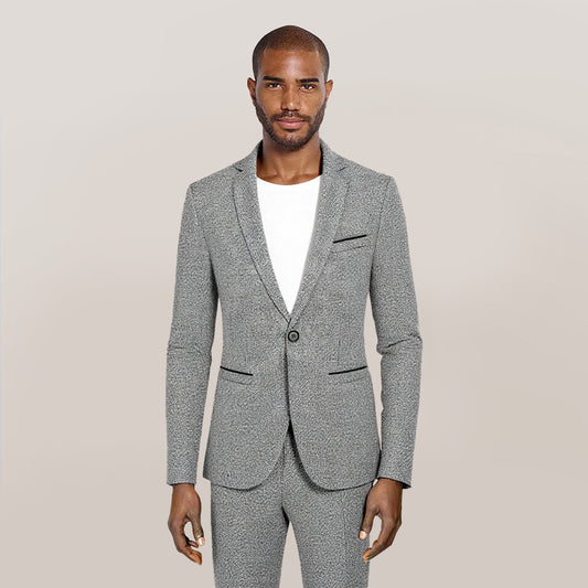 Grey # Men's notch lapel single-breasted blazer, classic flat collar solid grey sport coat jacket with premium polyester viscose blend fabric and eco-friendly buttons for business, office, wedding and daily wear, isolated on white background.