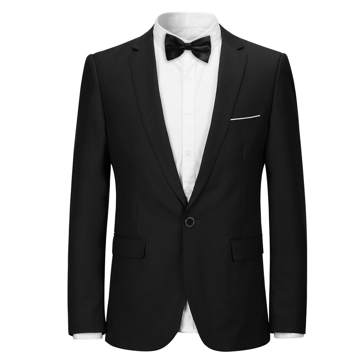 Black # Men's one-button casual blazer with flat collar and single-breasted closure, stylish black sport coat jacket with premium polyester viscose blend fabric and eco-friendly buttons for business, office, wedding and daily wear, isolated on white background.