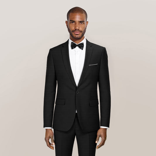 Black # Men's one-button casual blazer with flat collar and single-breasted closure, stylish black sport coat jacket with premium polyester viscose blend fabric and eco-friendly buttons for business, office, wedding and daily wear, isolated on white background.