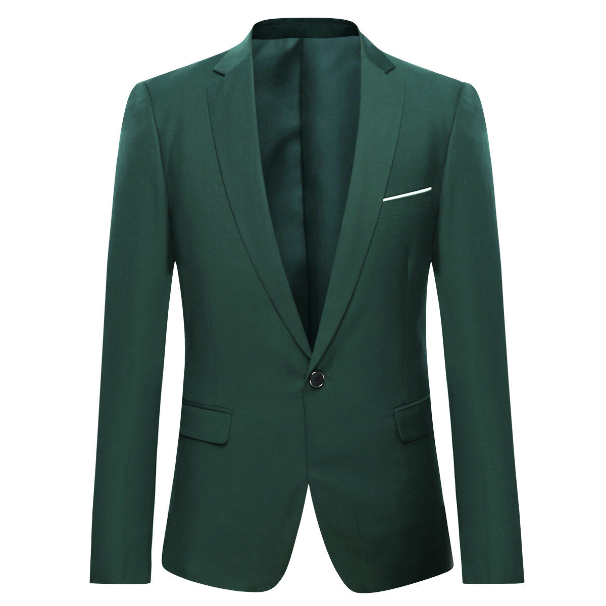 Dark Green # Men's one-button casual blazer with flat collar and single-breasted closure, stylish dark green sport coat jacket with premium polyester viscose blend fabric and eco-friendly buttons for business, office, wedding and daily wear, isolated on white background.