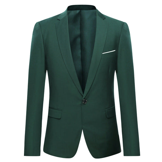 Dark Green # Men's one-button casual blazer with flat collar and single-breasted closure, stylish dark green sport coat jacket with premium polyester viscose blend fabric and eco-friendly buttons for business, office, wedding and daily wear, isolated on white background.