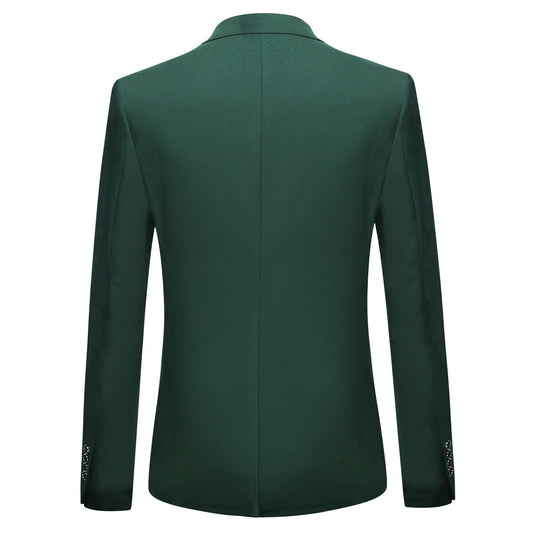 Dark Green # Men's one-button casual blazer with flat collar and single-breasted closure, stylish dark green sport coat jacket with premium polyester viscose blend fabric and eco-friendly buttons for business, office, wedding and daily wear, isolated on white background.