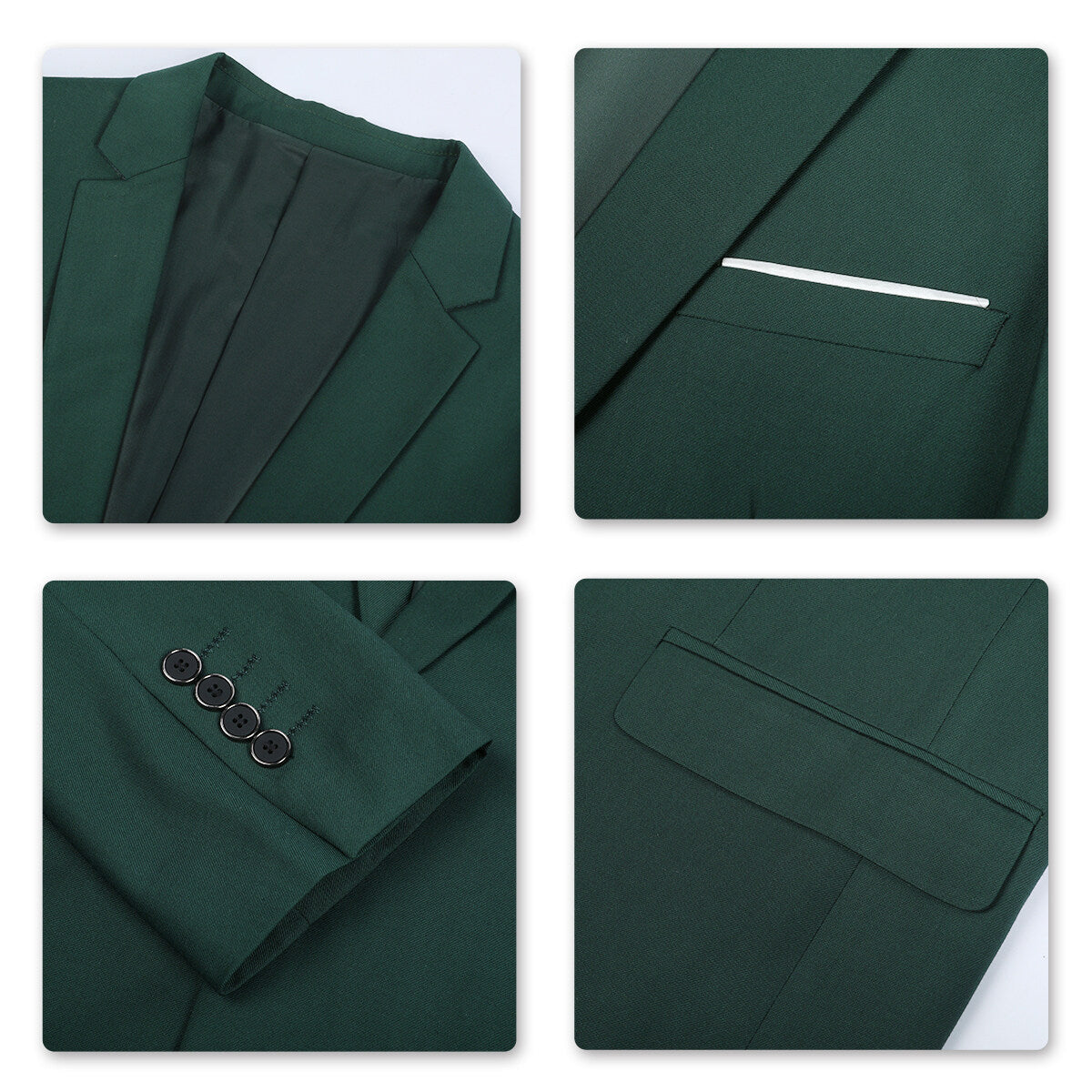 Dark Green # Men's one-button casual blazer with flat collar and single-breasted closure, stylish dark green sport coat jacket with premium polyester viscose blend fabric and eco-friendly buttons for business, office, wedding and daily wear, isolated on white background.