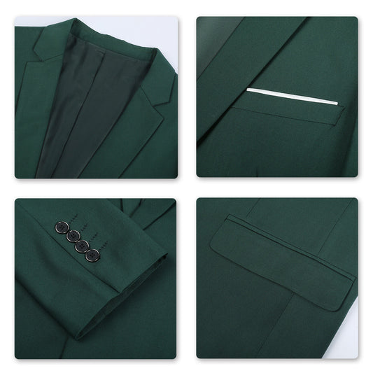 Dark Green # Men's one-button casual blazer with flat collar and single-breasted closure, stylish dark green sport coat jacket with premium polyester viscose blend fabric and eco-friendly buttons for business, office, wedding and daily wear, isolated on white background.