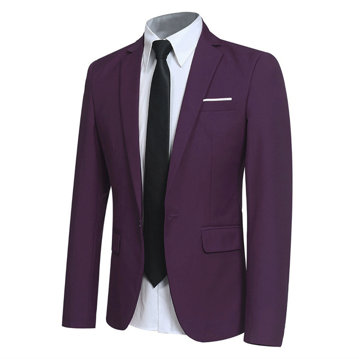 Indigo # Men's one-button casual blazer with flat collar and single-breasted closure, stylish indigo sport coat jacket with premium polyester viscose blend fabric and eco-friendly buttons for business, office, wedding and daily wear, isolated on white background.