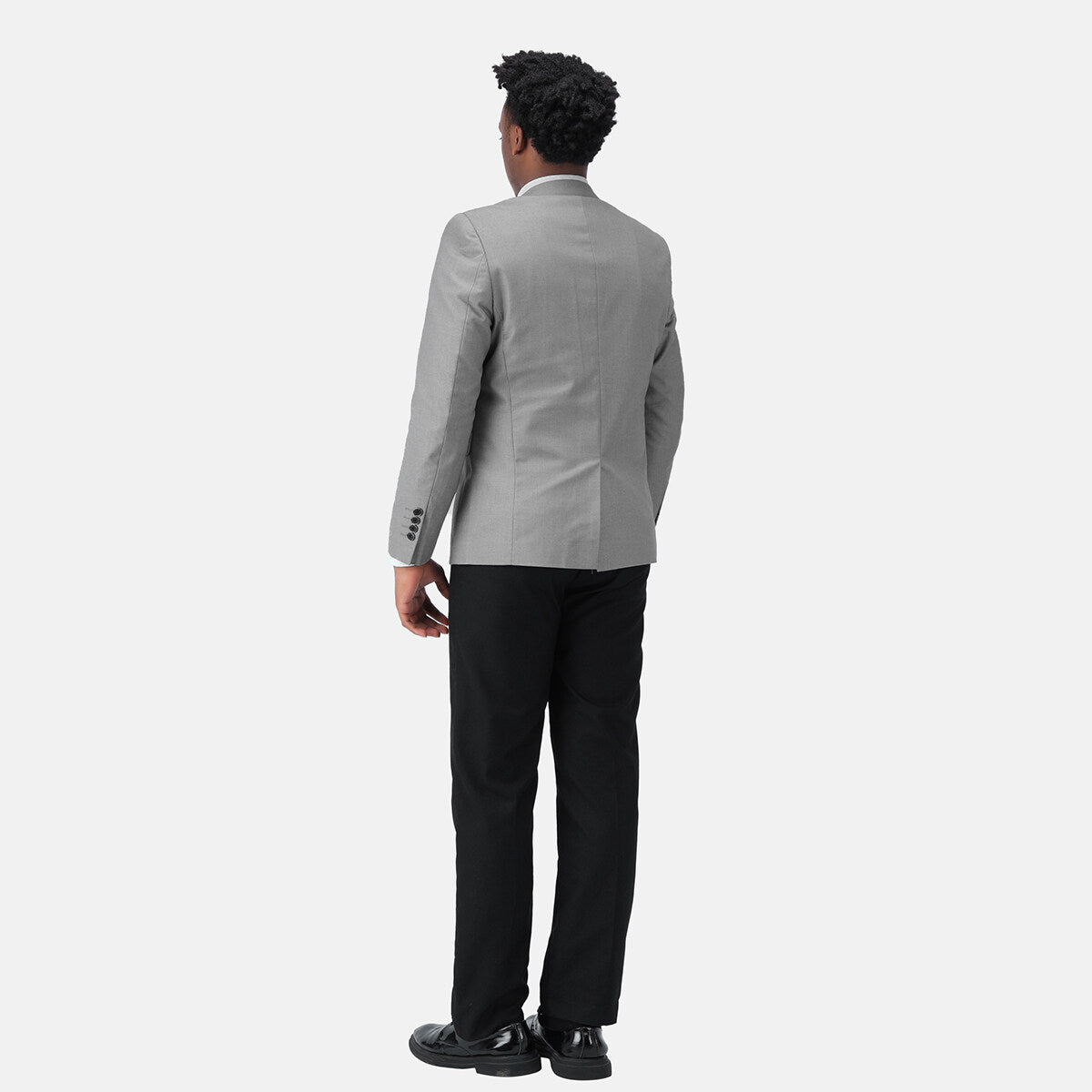 Light Grey # Men's one-button casual blazer with flat collar and single-breasted closure, stylish light grey sport coat jacket with premium polyester viscose blend fabric and environmental protection buttons for business, office, wedding and daily wear, isolated on white background.