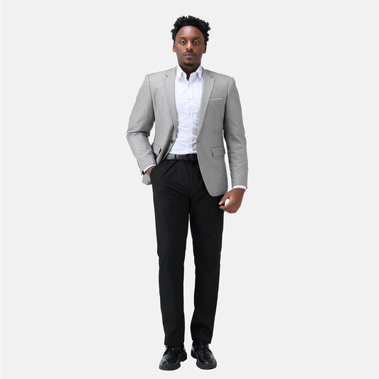 Light Grey # Men's one-button casual blazer with flat collar and single-breasted closure, stylish light grey sport coat jacket with premium polyester viscose blend fabric and environmental protection buttons for business, office, wedding and daily wear, isolated on white background.