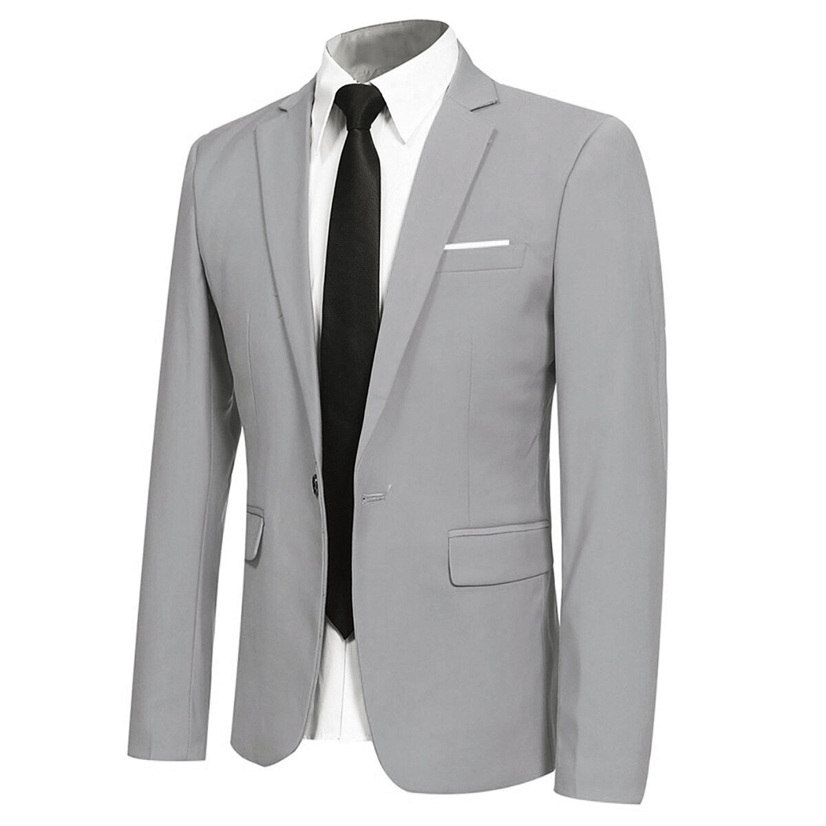 Light Grey # Men's one-button casual blazer with flat collar and single-breasted closure, stylish light grey sport coat jacket with premium polyester viscose blend fabric and environmental protection buttons for business, office, wedding and daily wear, isolated on white background.