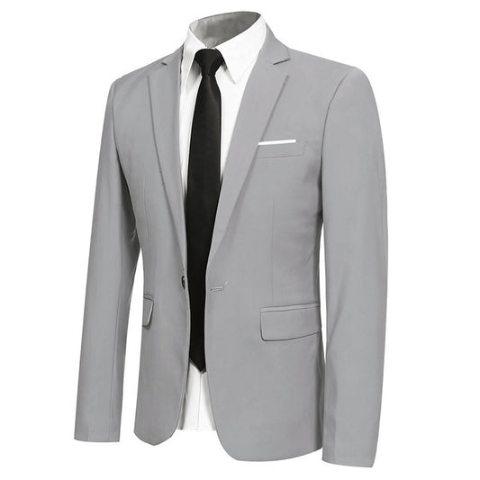 Light Grey # Men's one-button casual blazer with flat collar and single-breasted closure, stylish light grey sport coat jacket with premium polyester viscose blend fabric and environmental protection buttons for business, office, wedding and daily wear, isolated on white background.