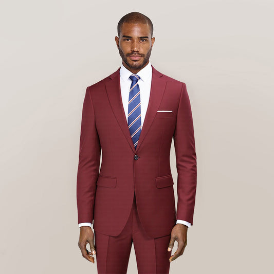 Maroon # Men's one-button casual blazer with flat collar and single-breasted closure, stylish maroon sport coat jacket with premium polyester viscose blend fabric and eco-friendly buttons for business, office, wedding and daily wear, isolated on white background.