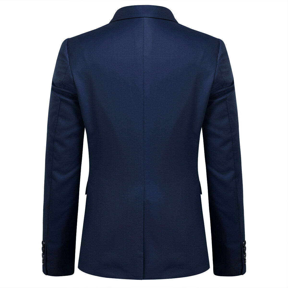 Navy # Men's one-button casual blazer with flat collar and single-breasted closure, stylish navy sport coat jacket with premium polyester viscose blend fabric and eco-friendly buttons for business, office, wedding and daily wear, isolated on white background.