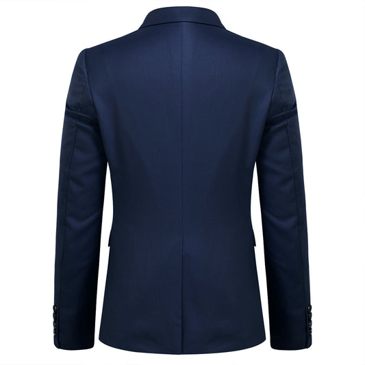 Navy # Men's one-button casual blazer with flat collar and single-breasted closure, stylish navy sport coat jacket with premium polyester viscose blend fabric and eco-friendly buttons for business, office, wedding and daily wear, isolated on white background.