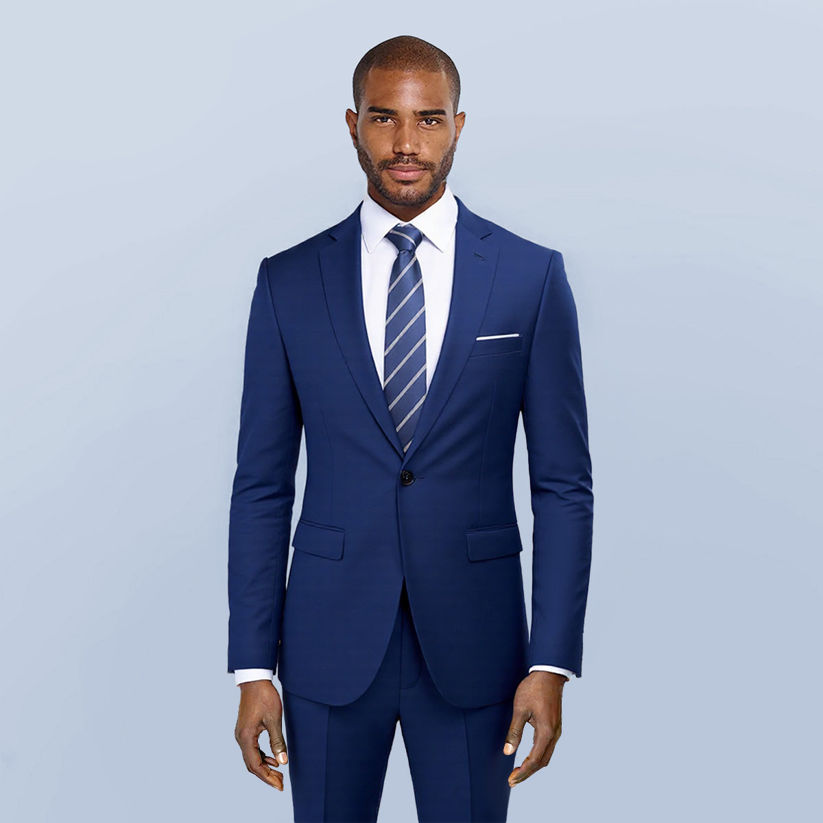 Navy # Men's one-button casual blazer with flat collar and single-breasted closure, stylish navy sport coat jacket with premium polyester viscose blend fabric and eco-friendly buttons for business, office, wedding and daily wear, isolated on white background.