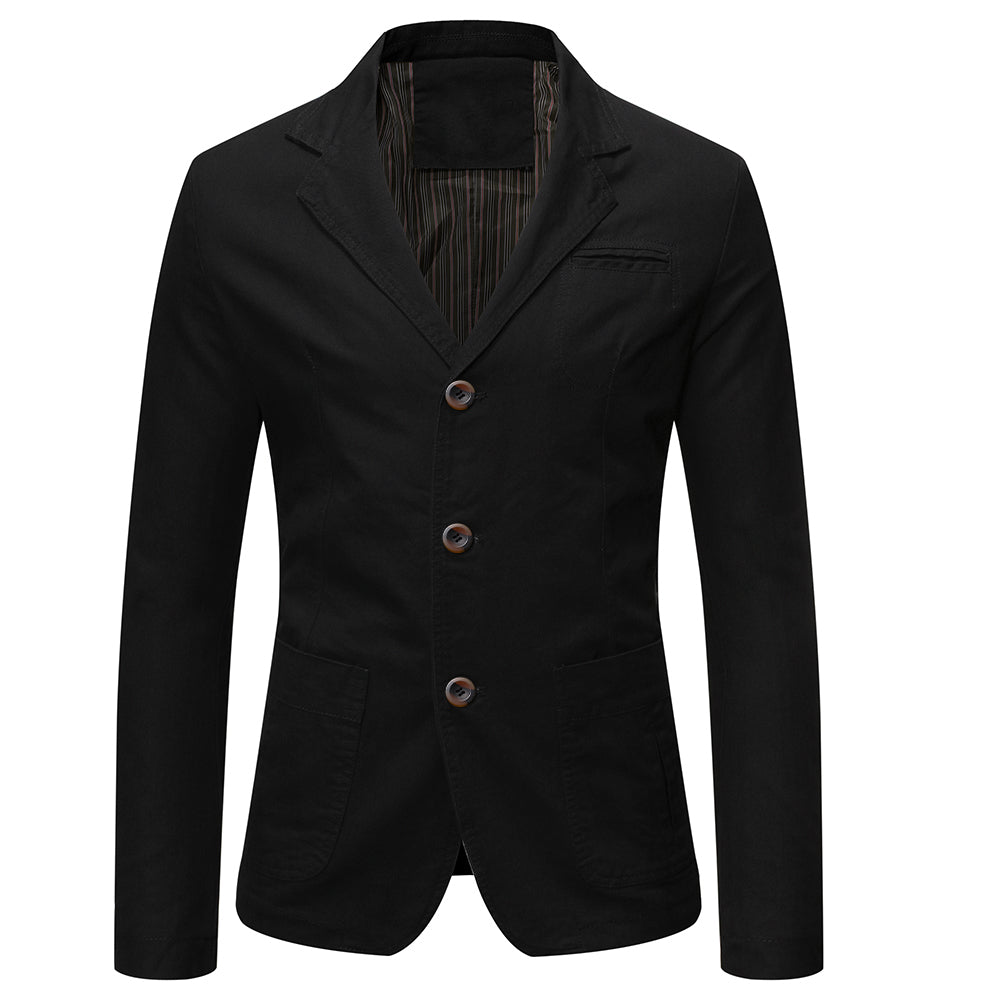 Black # Men's casual 2-button slim fit autumn blazer, notched lapel single-breasted sport coat with lightly padded shoulders and multiple pockets, versatile black jacket for business, office, school and daily wear, isolated on white background.