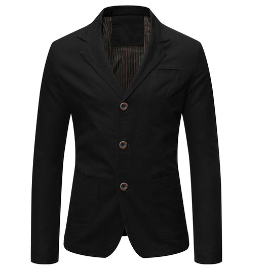 Black # Men's casual 2-button slim fit autumn blazer, notched lapel single-breasted sport coat with lightly padded shoulders and multiple pockets, versatile black jacket for business, office, school and daily wear, isolated on white background.