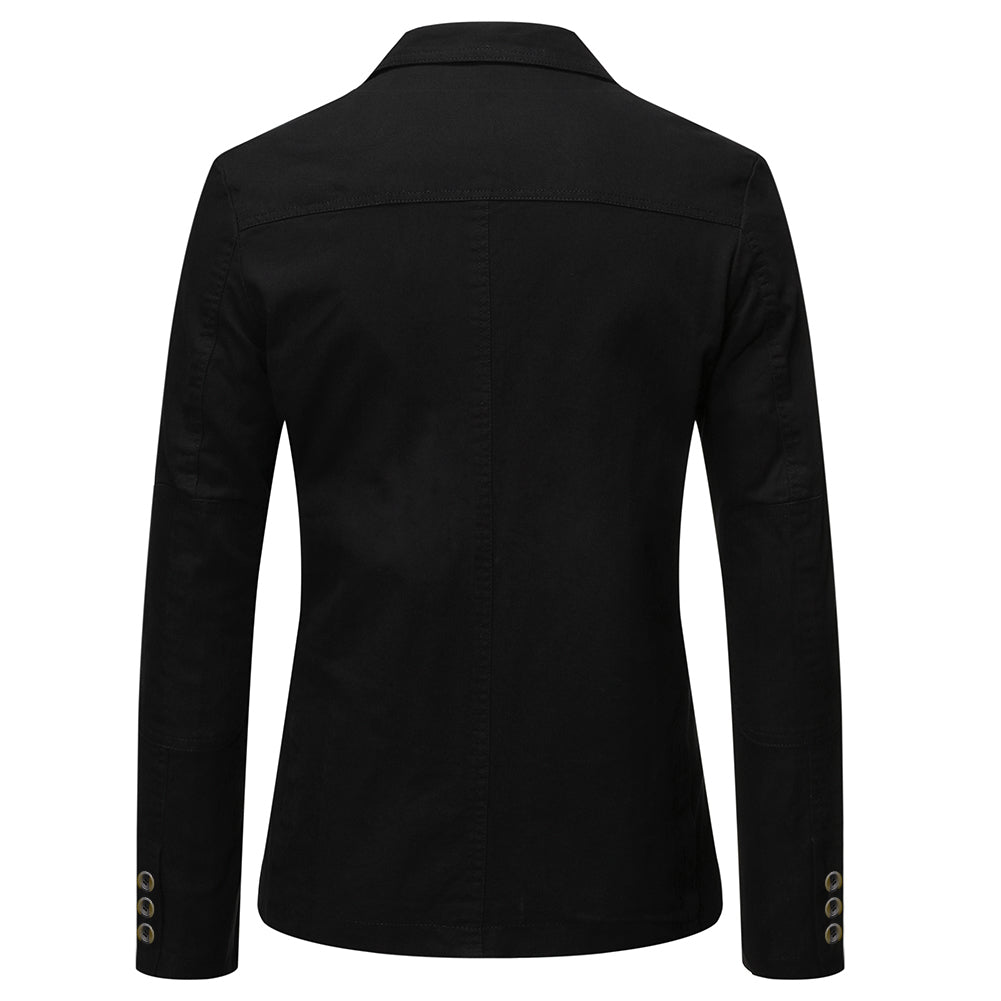 Black # Men's casual 2-button slim fit autumn blazer, notched lapel single-breasted sport coat with lightly padded shoulders and multiple pockets, versatile black jacket for business, office, school and daily wear, isolated on white background.