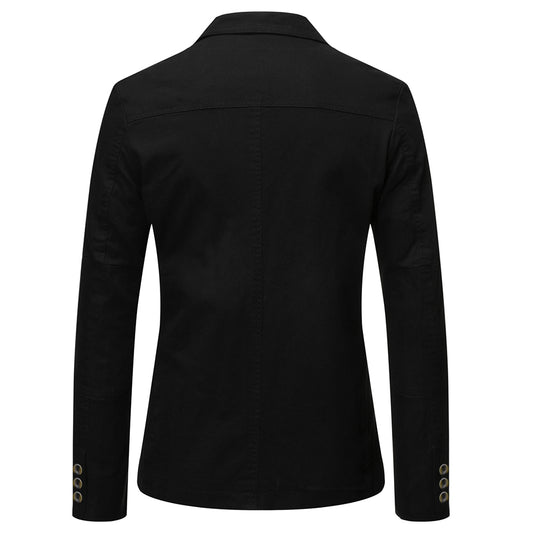 Black # Men's casual 2-button slim fit autumn blazer, notched lapel single-breasted sport coat with lightly padded shoulders and multiple pockets, versatile black jacket for business, office, school and daily wear, isolated on white background.