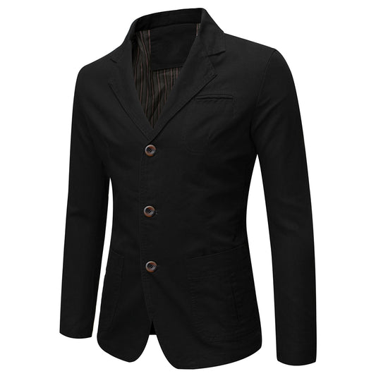 Black # Men's casual 2-button slim fit autumn blazer, notched lapel single-breasted sport coat with lightly padded shoulders and multiple pockets, versatile black jacket for business, office, school and daily wear, isolated on white background.