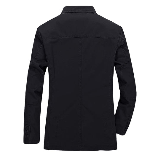 Black # Men's casual 2-button slim fit autumn blazer, notched lapel single-breasted sport coat with lightly padded shoulders and multiple pockets, versatile black jacket for business, office, school and daily wear, isolated on white background.