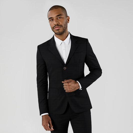 Black # Men's casual 2-button slim fit autumn blazer, notched lapel single-breasted sport coat with lightly padded shoulders and multiple pockets, versatile black jacket for business, office, school and daily wear, isolated on white background.