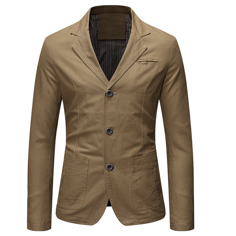 Khaki # Men's slim fit casual blazer sport coat, single-breasted 2-button jacket with notched lapels and lightly padded shoulders, versatile khaki autumn blazer for business, office, school and daily wear, isolated on white background.