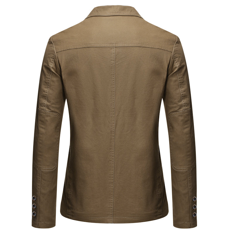 Khaki # Men's slim fit casual blazer sport coat, single-breasted 2-button jacket with notched lapels and lightly padded shoulders, versatile khaki autumn blazer for business, office, school and daily wear, isolated on white background.