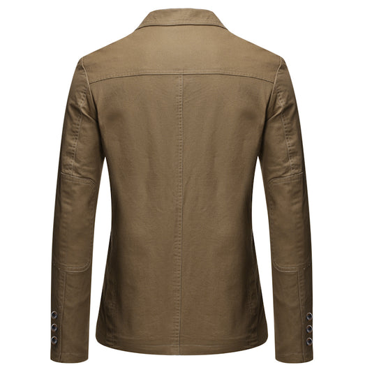 Khaki # Men's slim fit casual blazer sport coat, single-breasted 2-button jacket with notched lapels and lightly padded shoulders, versatile khaki autumn blazer for business, office, school and daily wear, isolated on white background.